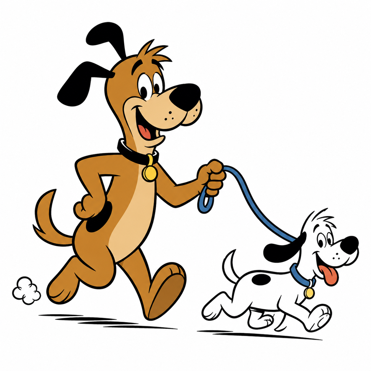 Sam happily walking two dogs